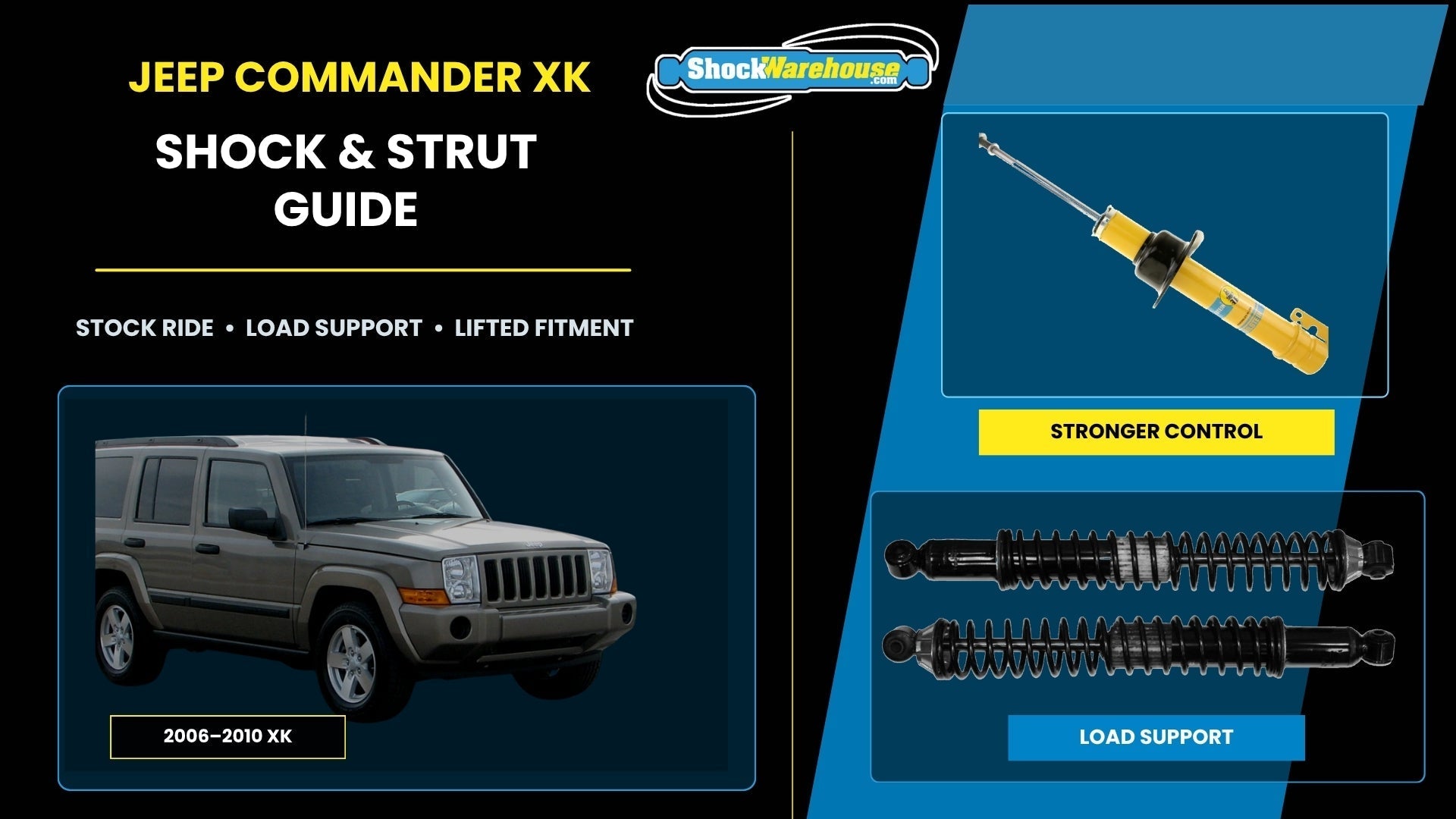 Jeep Commander XK Shocks and Struts: Standard, Load-Adjusting, and Lifted Options